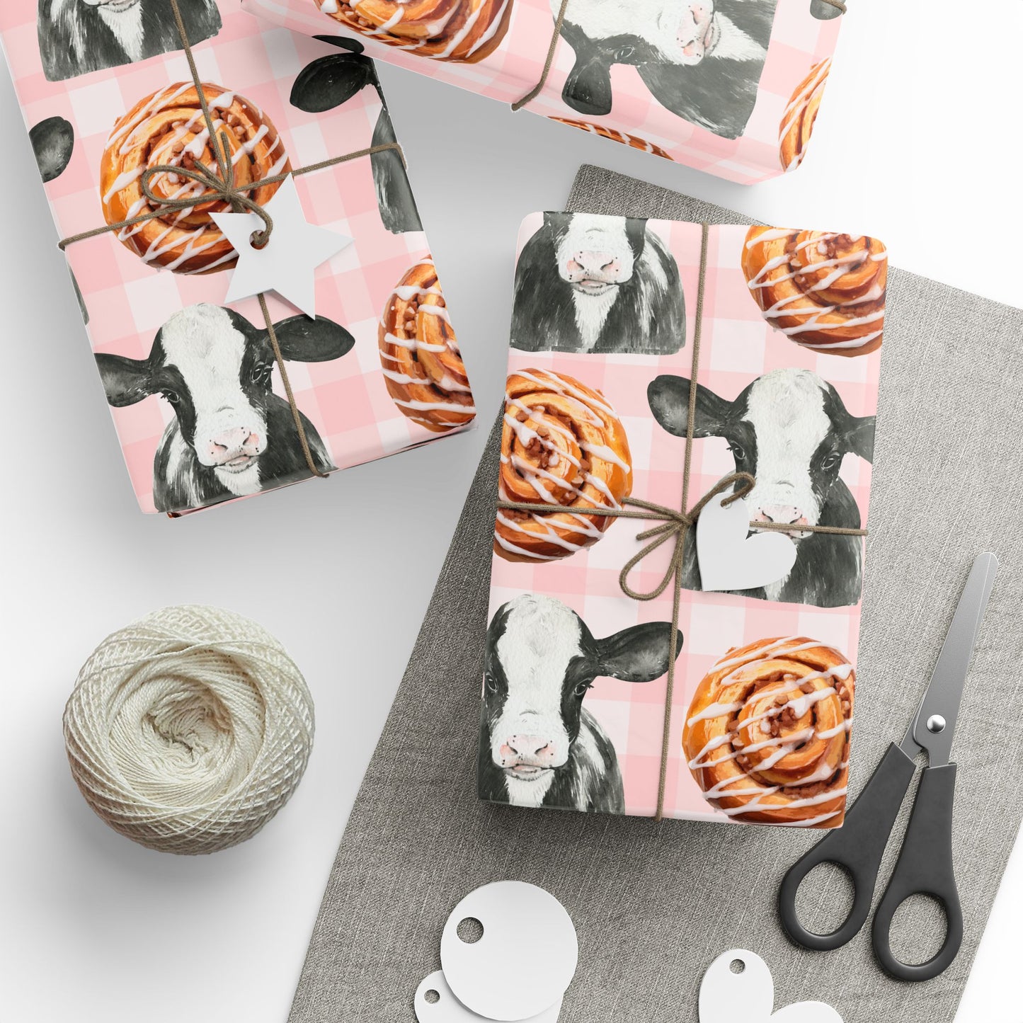 Cinnamon Roll & Cow Pattern Wrapping Paper — Cute Gift Wrap