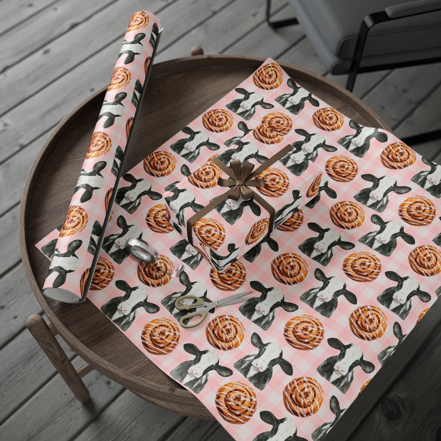 Cinnamon Roll & Cow Pattern Wrapping Paper — Cute Gift Wrap